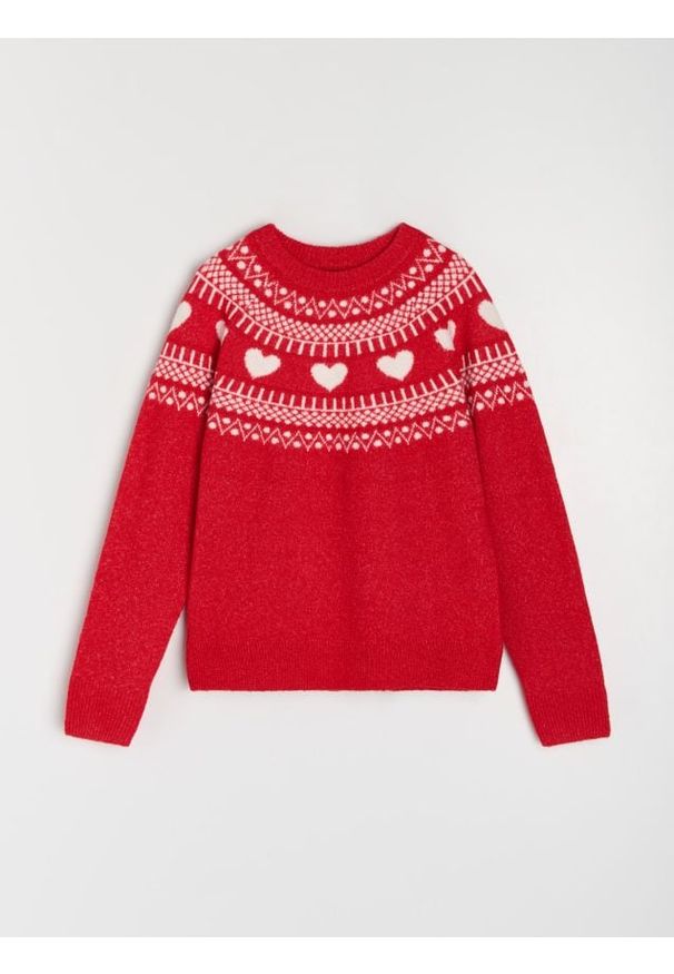 Sinsay - Sweter z motywem świątecznym z domieszką wełny - czerwony. Kolor: czerwony. Materiał: wełna. Styl: wizytowy