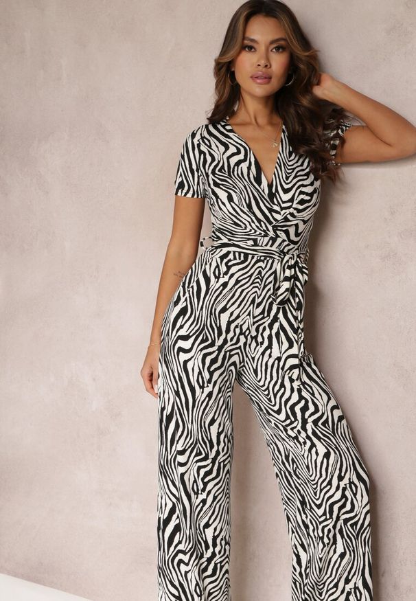 Renee - Biało-Czarny Długi Kombinezon z Wiązaniem i Zwierzęcym Wzorem Marlifia. Kolor: biały. Długość: długie. Wzór: motyw zwierzęcy. Sezon: wiosna, lato