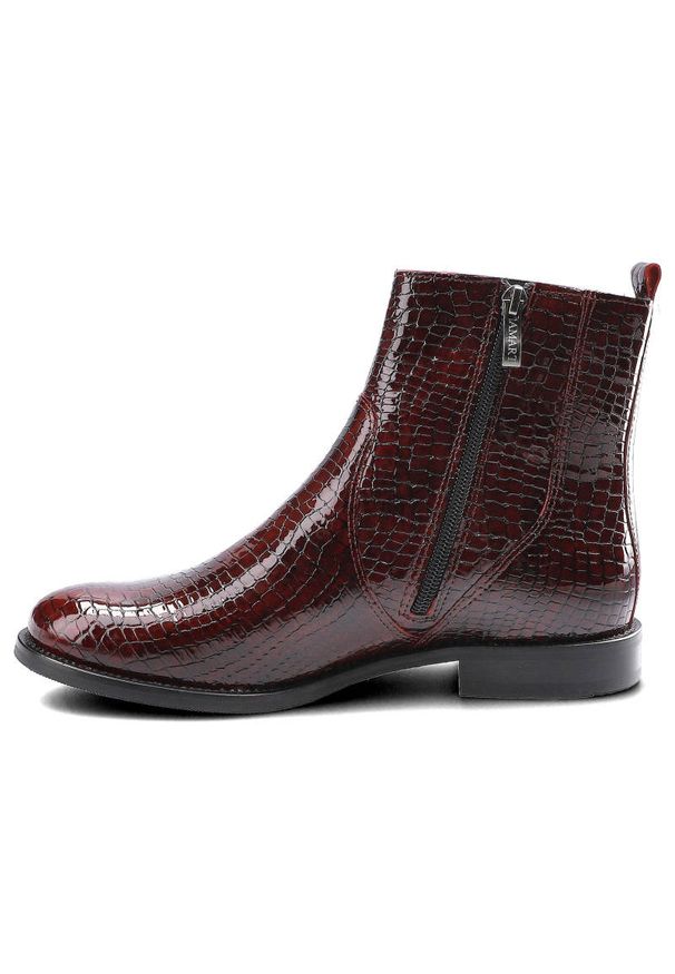 Bordowe Botki Dwunasty Shoes Damskie Stylowe Buty. Kolor: czerwony. Materiał: skóra, lakier, materiał. Szerokość cholewki: normalna. Wzór: motyw zwierzęcy, nadruk. Sezon: jesień. Obcas: na obcasie. Styl: elegancki. Wysokość obcasa: niski
