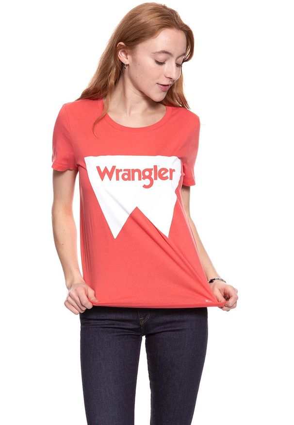 Wrangler - WRANGLER T SHIRT DAMSKI FESTIVAL TEE SPICED CORAL W7016EV6Y 112130891. Wzór: nadruk