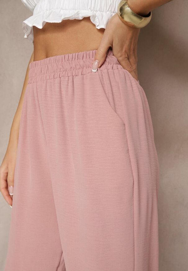 Renee - Różowe Spodnie z Bawełną o Szerokim Kroju High Waist Fanelithia. Okazja: na co dzień. Stan: podwyższony. Kolor: różowy. Materiał: bawełna. Styl: casual