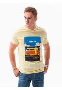 Ombre Clothing - T-shirt męski z nadrukiem S1434 V-8B - żółty - XXL. Kolor: żółty. Materiał: bawełna. Wzór: nadruk. Styl: klasyczny