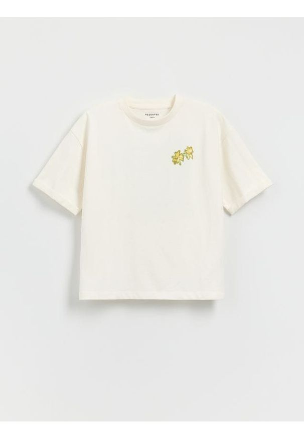 Reserved - T-shirt oversize z nadrukiem - złamana biel. Materiał: bawełna, dzianina. Wzór: nadruk