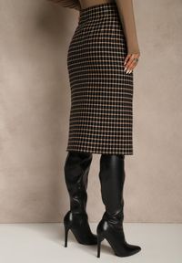 Renee - Czarno-Beżowa Tweedowa Spódnica Ołówkowa w Kratę z Guzikami Aretusa. Okazja: na spotkanie biznesowe. Stan: podwyższony. Kolor: czarny. Styl: biznesowy #4