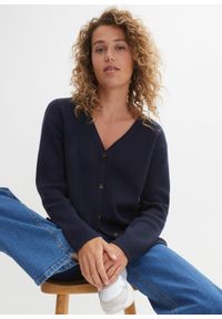 bonprix - Sweter rozpinany z dzianiny Milano w prążek. Kolor: niebieski. Materiał: dzianina. Wzór: prążki #3