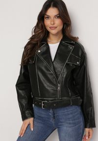 Born2be - Czarna Kurtka Ramoneska Vintage z Imitacji Skóry z Asymetrycznym Suwakiem i Patkami Kimina. Okazja: na co dzień. Kolor: czarny. Materiał: skóra. Styl: vintage #4