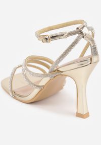 Born2be - Złote Eleganckie Sandały na Szpilce Ozdobione Cyrkoniowymi Paskami Vikiaele. Zapięcie: pasek. Kolor: złoty. Wzór: aplikacja. Obcas: na szpilce. Styl: elegancki #8