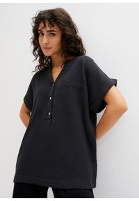 bonprix - Bluzka muślinowa z krótki rękawem. Kolor: czarny. Długość rękawa: krótki rękaw. Długość: krótkie. Styl: elegancki #1