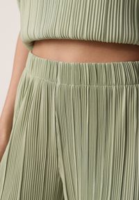 Born2be - Zielone Szerokie Spodnie z Wysokim Stanem ze Zwiewnej Tkaniny z Plisami Galiris. Okazja: do pracy, na co dzień, na spotkanie biznesowe. Stan: podwyższony. Kolor: zielony. Materiał: tkanina. Długość: długie. Styl: elegancki, biznesowy, casual #2