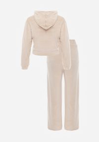 Renee - Beżowy Komplet Dresowy z Welurowej Dzianiny Szerokie Spodnie i Krótka Bluza Avilti. Kolor: beżowy. Materiał: dresówka, welur, dzianina #4