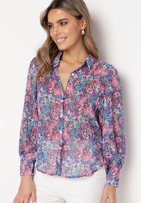 Born2be - Niebiesko-Różowa Koszula w Kwiaty z Bufiastymi Rękawami Morwenia. Kolor: niebieski. Wzór: kwiaty. Styl: elegancki
