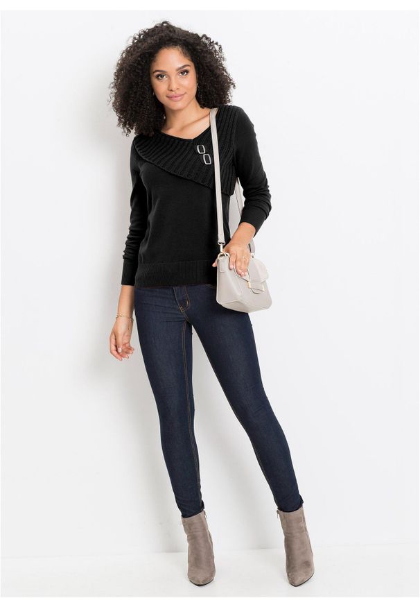 bonprix - Cienki sweter z bawełną. Kolor: czarny. Materiał: dzianina, bawełna. Wzór: gładki, ze splotem