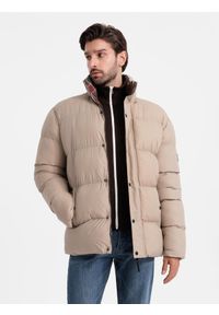 Ombre Clothing - Męska kurtka puffer z podszewką w kratę – beżowa V2 - Rozmiar: XL. Kolor: beżowy. Materiał: guma, poliester, materiał, bawełna, syntetyk, nylon. Długość: długie. Wzór: aplikacja #11