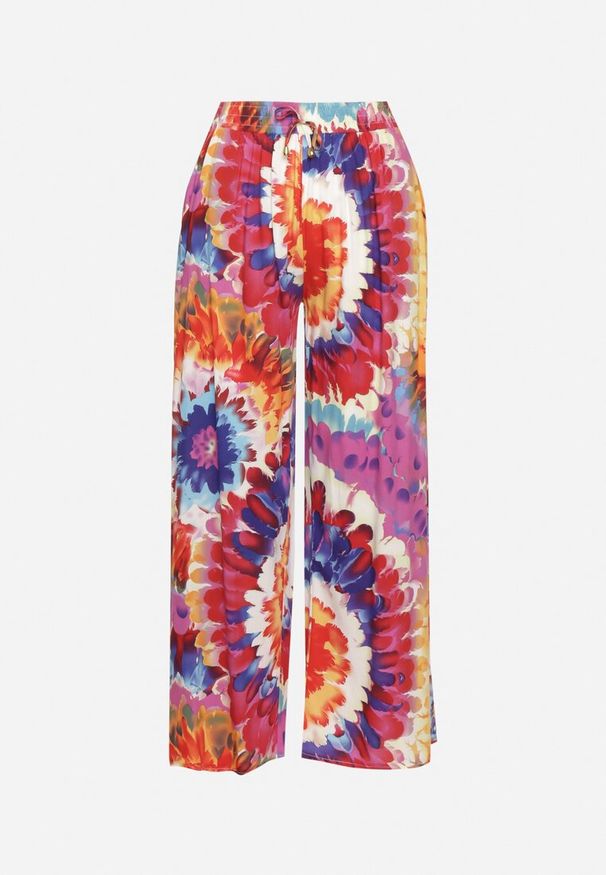 Born2be - Czerwone Szerokie Spodnie z Wiskozą i Wysokim Stanem ze Wzorem Tie-Dye i Gumką w Pasie Halflea. Stan: podwyższony. Kolor: czerwony. Materiał: wiskoza. Sezon: lato