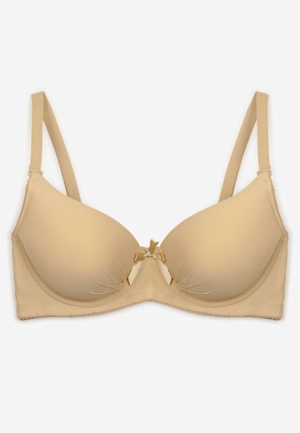 Renee - Beżowy Casualowy Gładki Biustonosz z Ozdobną Kokardką i Regulowanymi Ramiączkami Kenssin. Kolor: beżowy. Materiał: dzianina. Wzór: gładki