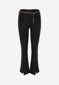 Renee - Czarne Materiałowe Spodnie Dzwony z Ozdobnym Łańcuszkiem Amelana. Kolor: czarny. Materiał: materiał. Wzór: aplikacja #3