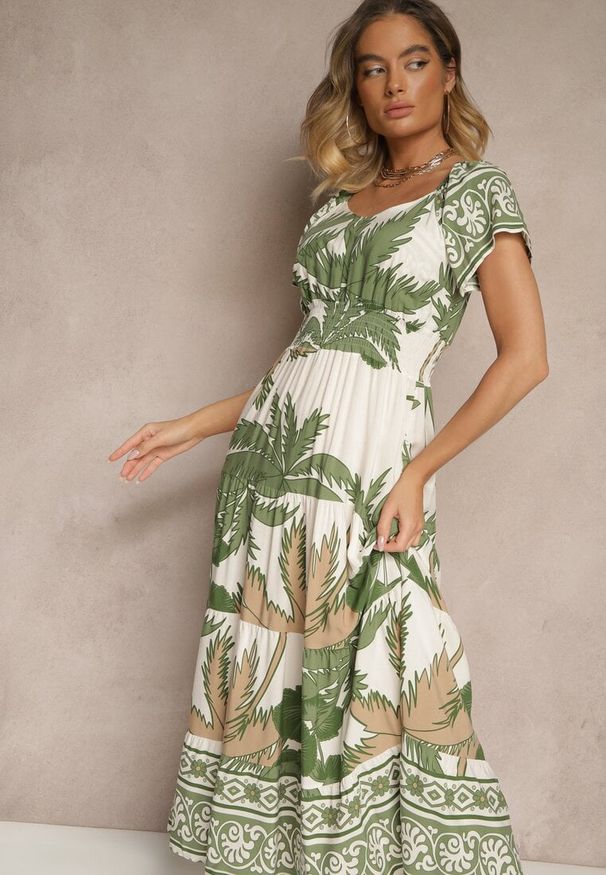 Renee - Zielona Sukienka Rozkloszowana z Wiskozy w Boho Wzór Elliseira. Okazja: na co dzień, na imprezę. Kolor: zielony. Materiał: wiskoza. Długość rękawa: krótki rękaw. Sezon: lato. Typ sukienki: proste. Styl: boho
