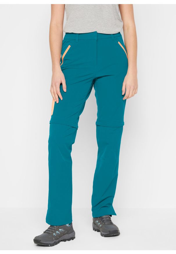 bonprix - Spodnie funkcjonalne z prostymi, odpinanymi nogawkami, z materiału odpychającego wodę. Kolor: niebieski. Materiał: materiał
