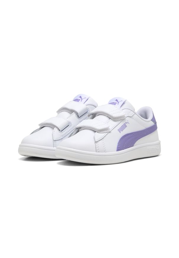 Puma - Dziecięce skórzane sneakersy Smash 3.0 V PUMA White Lavender Alert Purple. Kolor: fioletowy, niebieski, wielokolorowy, biały. Materiał: skóra. Sport: turystyka piesza