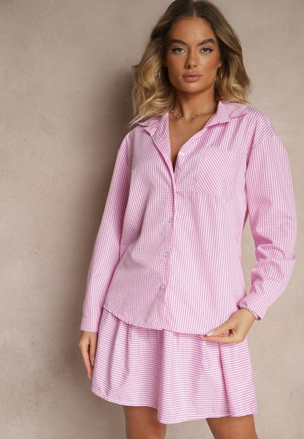 Renee - Różowy Komplet Spódnica o Rozkloszowanym Kroju i Koszula Novarelle. Kolor: różowy