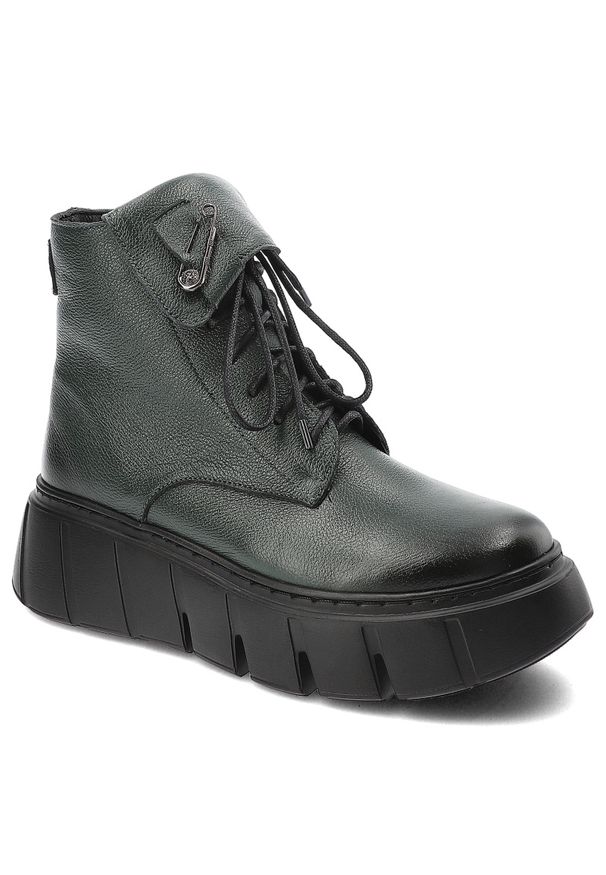 Zielone Botki Armodo Modne Obuwie Damskie Z Agrafką. Kolor: zielony. Materiał: skóra. Styl: boho, klasyczny, elegancki