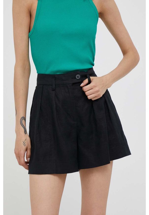 Sisley szorty lniane kolor czarny gładkie high waist. Stan: podwyższony. Kolor: czarny. Materiał: len. Wzór: gładki