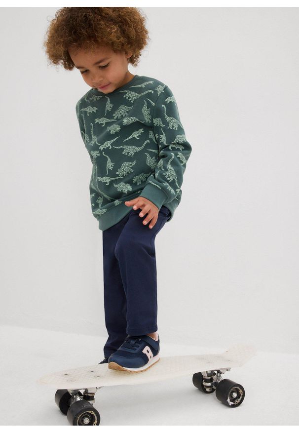 bonprix - Spodnie chinosy slim fit z regulowaną talią, straight. Kolor: niebieski