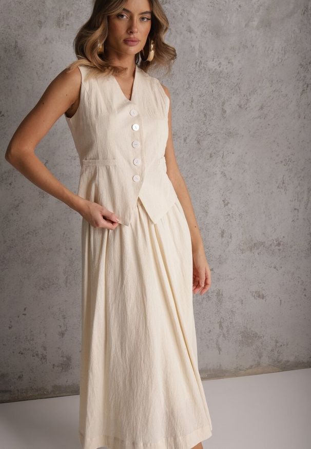 Renee - Beżowy Komplet z Bawełny Kamizelka i Spódnica o Rozkloszowanym Kroju Movenae. Kolor: beżowy. Materiał: bawełna. Wzór: geometria