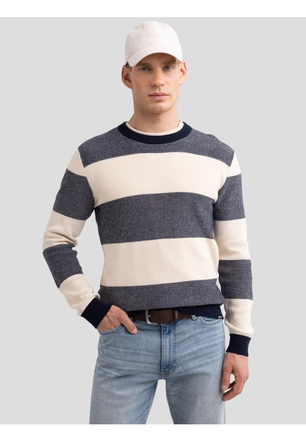 Big-Star - Sweter męski bawełniany w pasy beżowo-szare Pasador 000. Okazja: na co dzień. Kolor: wielokolorowy. Materiał: bawełna. Wzór: paski. Styl: casual, klasyczny, elegancki