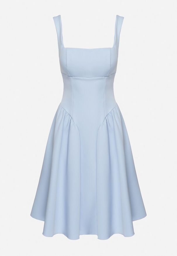 Born2be - Niebieska Sukienka Rozkloszowana z Ozdobną Kokardą na Plecach Sonarisea. Typ kołnierza: kokarda. Kolor: niebieski. Typ sukienki: rozkloszowane. Styl: klasyczny