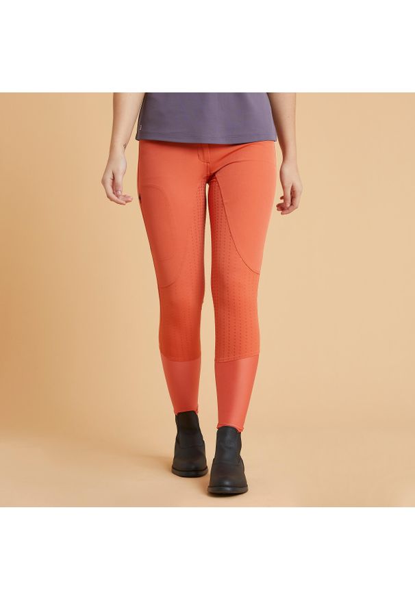 FOUGANZA - Bryczesy damskie Fouganza 580 Light Fullgrip. Kolor: czerwony. Materiał: elastan, poliamid, materiał. Długość: długie. Wzór: paski