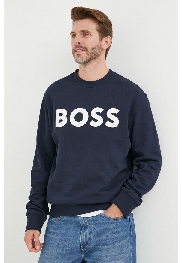 BOSS Orange - Boss Orange bluza bawełniana męska kolor granatowy z nadrukiem. Kolor: niebieski. Materiał: bawełna. Wzór: nadruk