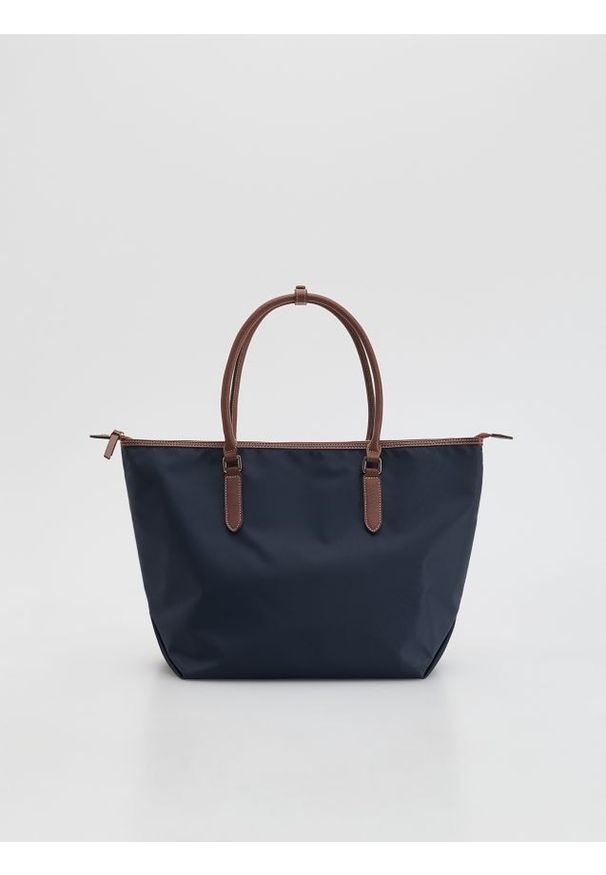 Reserved - Tkaninowa torebka shopper - granatowy. Kolor: niebieski. Wzór: gładki