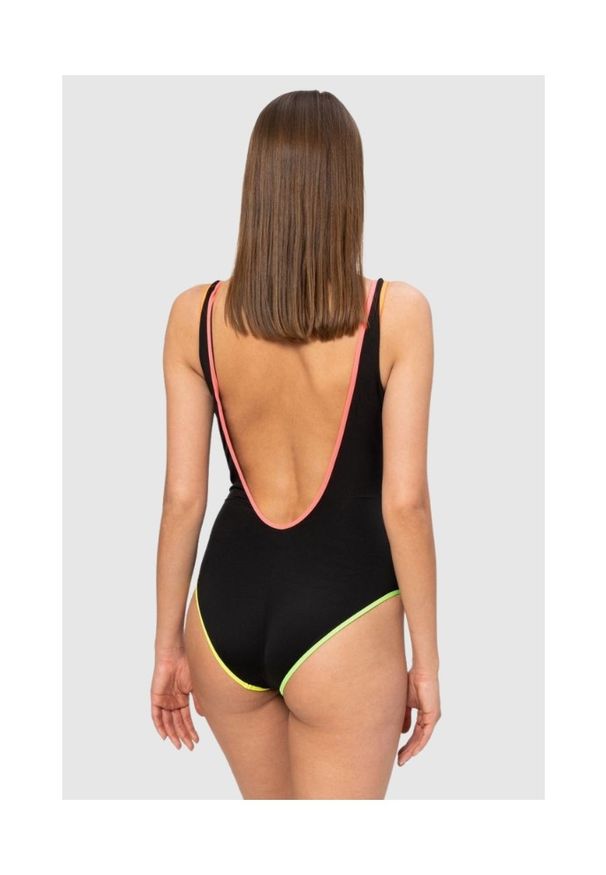MOSCHINO Czarny jednoczęściowy strój kąpielowy z neonowymi lamówkami, Rozmiar XS. Kolor: czarny. Wzór: aplikacja, nadruk