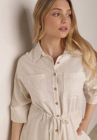 Born2be - Biała Koszula z Bawełną i Lnem Ozdobiona Wycięciami i Ściągana w Pasie Harwinds. Okazja: do pracy, na co dzień. Kolor: biały. Materiał: bawełna, len. Wzór: aplikacja. Styl: klasyczny, casual #7