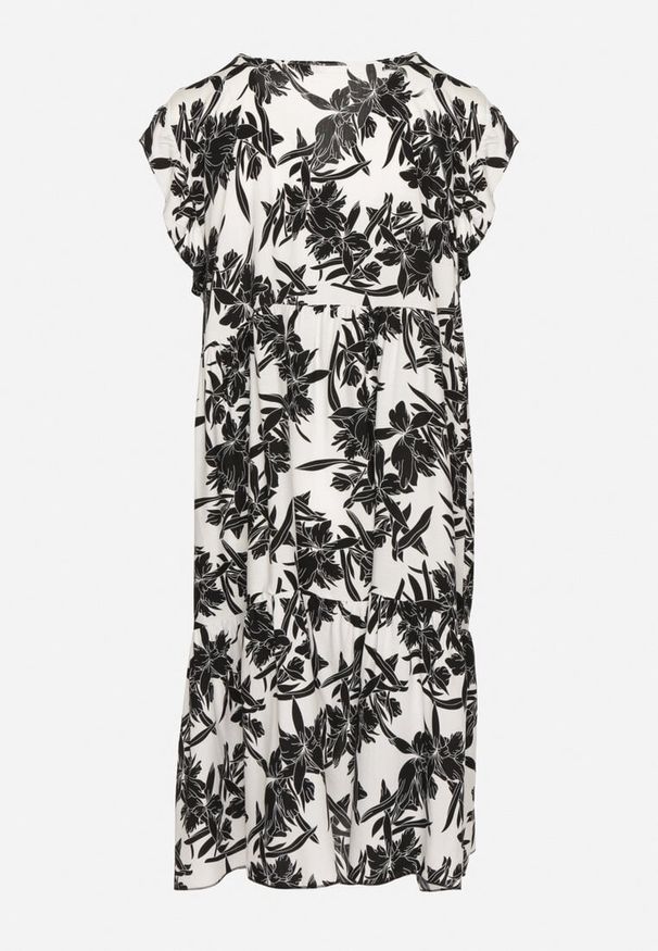 Born2be - Biała Bawełniana Sukienka o Rozkloszowanym Kroju w Kwiaty Libella. Okazja: na co dzień, do pracy. Kolor: biały. Materiał: bawełna. Wzór: kwiaty. Typ sukienki: rozkloszowane, proste. Styl: casual, elegancki