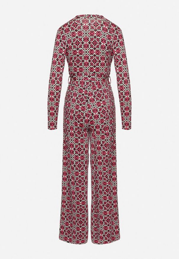 Born2be - Fuksjowy Wzorzysty Kombinezon z Długim Rękawem i Szerokimi Spodniami z Wiązaniem w Pasie Vilati. Kolor: różowy. Długość rękawa: długi rękaw. Długość: długie. Wzór: geometria. Styl: elegancki