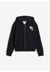 bonprix - Rozpinana bluza dresowa z czystej bawełny organicznej. Okazja: na co dzień. Typ kołnierza: kaptur. Kolor: czarny. Materiał: bawełna, dresówka. Wzór: haft, kwiaty. Styl: casual #1