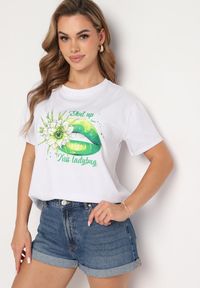 Born2be - Biało-Zielony T-shirt z Bawełny z Ozdobnym Printem Xarilla. Kolor: zielony. Materiał: bawełna. Wzór: nadruk. Sezon: lato