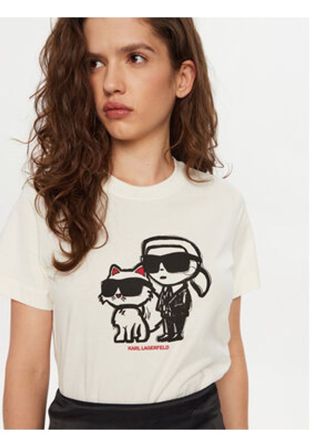 Karl Lagerfeld - KARL LAGERFELD T-Shirt A1W17129 Écru Regular Fit. Typ kołnierza: dekolt w karo. Materiał: bawełna