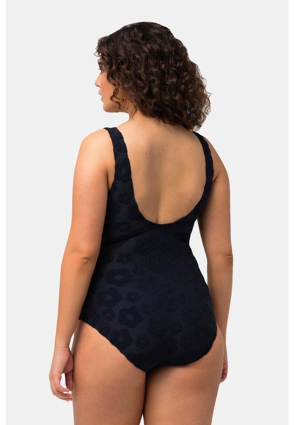 ULLA POPKEN - Damski Kostium kąpielowy faktura w kwiatki zamek błyskawiczny. Kolekcja: plus size. Kolor: niebieski. Materiał: poliester, elastan, poliamid, materiał. Wzór: kwiaty