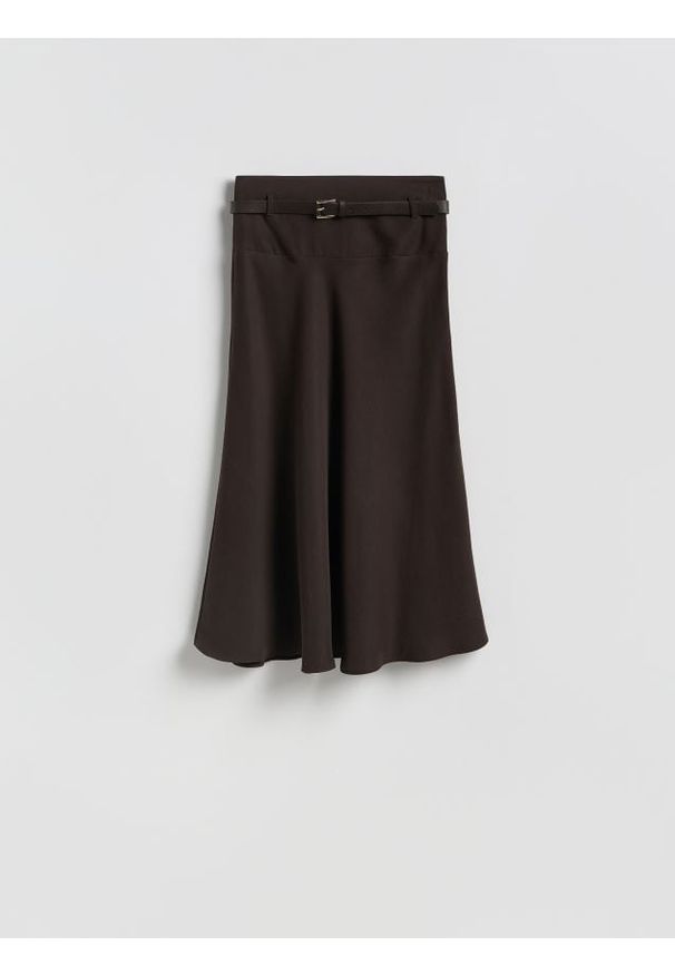 Reserved - Spódnica midi z paskiem - ciemnobrązowy. Kolor: brązowy. Materiał: tkanina, wiskoza