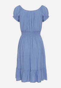 Born2be - Niebieska Wiskozowa Sukienka z Gumkami w Pasie Ściągana przy Dekolcie z Falbanką Tiimamla. Okazja: na co dzień. Kolor: niebieski. Materiał: wiskoza. Długość rękawa: krótki rękaw. Sezon: wiosna, lato. Typ sukienki: proste. Styl: casual #7