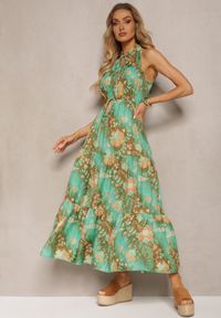 Renee - Zielona Sukienka w Stylu Boho z Gumką w Talii i Ozdobnym Wiązaniem Piofara. Kolor: zielony. Materiał: tkanina. Sezon: lato. Styl: boho #4