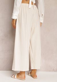 Renee - Beżowe Szerokie Spodnie z Gumką w Pasie Vithan. Kolor: beżowy. Materiał: tkanina, bawełna #5