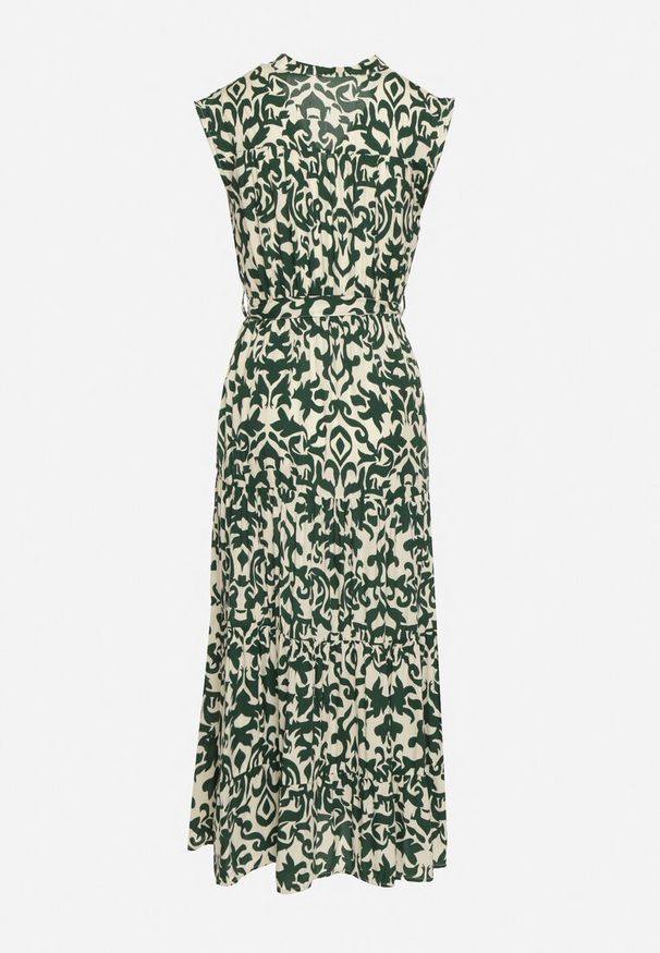 Born2be - Zielona Wiskozowa Sukienka z Gumką w Pasie Zapinana na Guziki z Materiałowym Paskiem Giselia. Okazja: na co dzień. Typ kołnierza: dekolt w serek. Kolor: zielony. Materiał: wiskoza, materiał. Długość rękawa: krótki rękaw. Styl: elegancki, casual