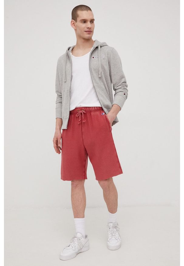 Champion bluza męska kolor szary z kapturem. Okazja: na co dzień. Typ kołnierza: kaptur. Kolor: szary. Materiał: bawełna. Wzór: aplikacja. Styl: casual