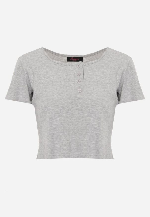 Renee - Szary Top z Bawełny Ozdobiony Guzikami przy Dekolcie Nediva. Okazja: na co dzień. Kolor: szary. Materiał: bawełna. Wzór: aplikacja. Styl: casual