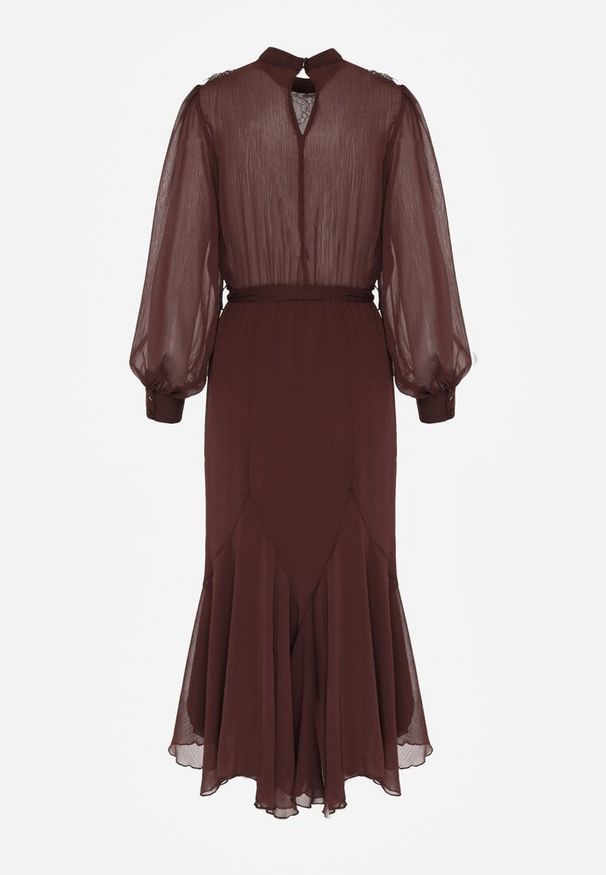 Born2be - Brązowa Elegancka Sukienka z Bufiastymi Rękawami i Koronkowymi Falbankami Sewlina. Okazja: do pracy, na co dzień. Typ kołnierza: kołnierz z falbankami. Kolor: brązowy. Materiał: koronka. Styl: elegancki