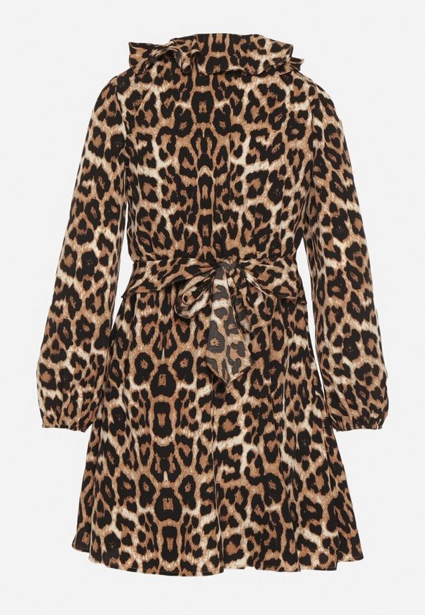 Born2be - Panterkowa Rozkloszowana Sukienka Vices Zdobiona Falbankami Reseva. Okazja: na co dzień. Typ kołnierza: kołnierz z falbankami. Materiał: jeans, materiał. Długość rękawa: długi rękaw. Wzór: aplikacja. Styl: casual